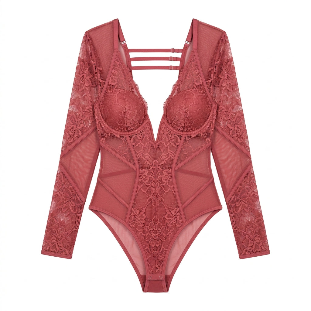 Nserqlio™ Women’s Plunge Lace Bodysuit with Sheer Mesh Panels
