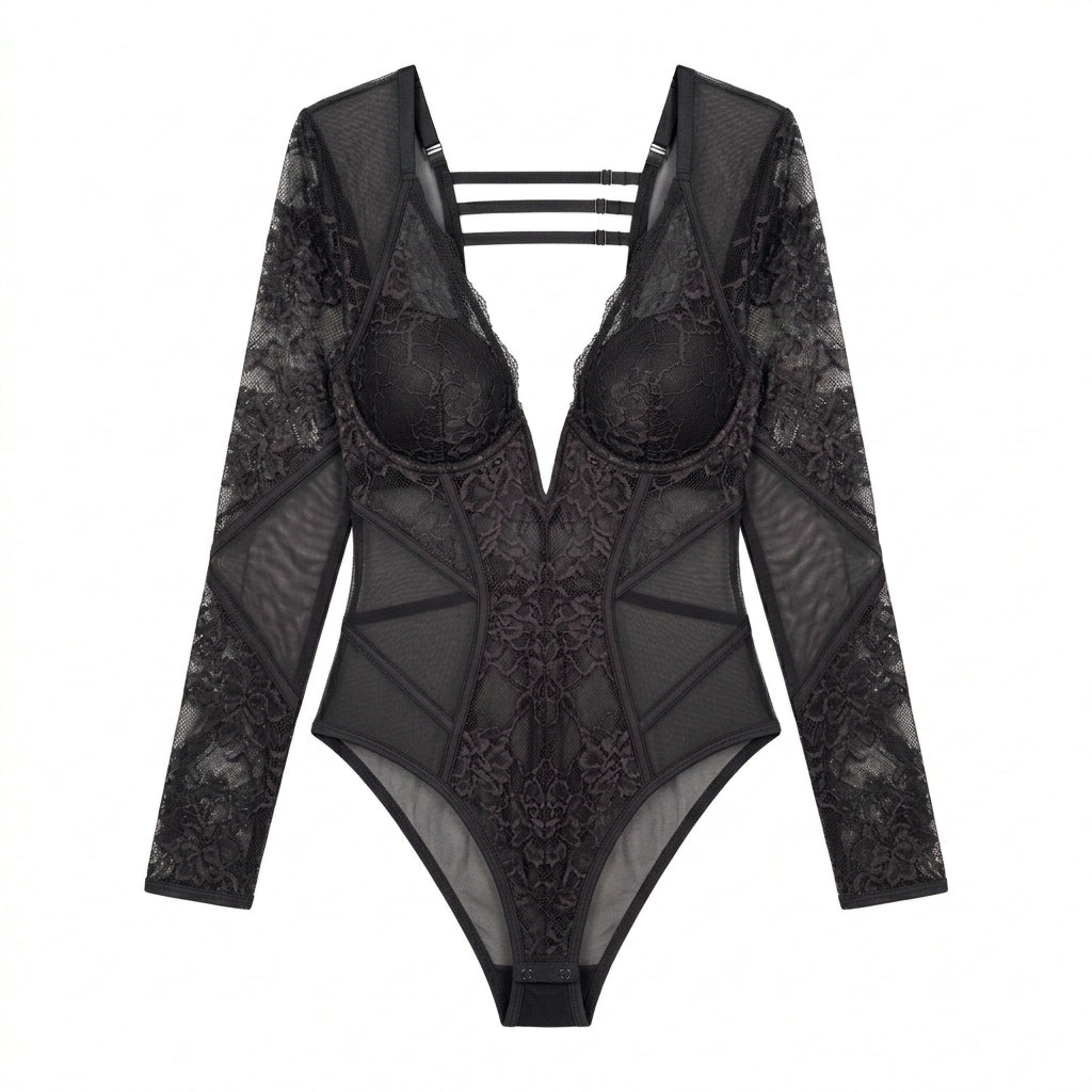 Nserqlio™ Women’s Plunge Lace Bodysuit with Sheer Mesh Panels