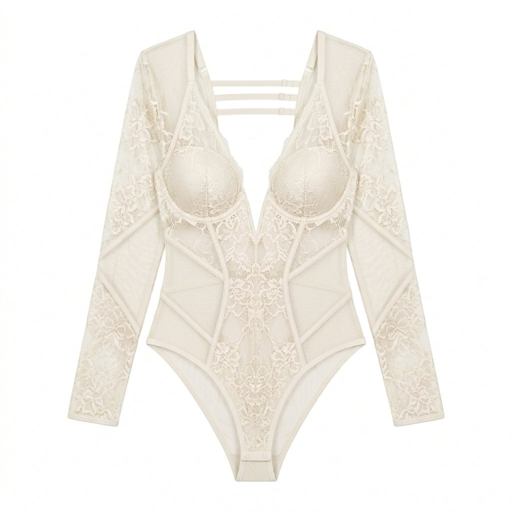 Nserqlio™ Women’s Plunge Lace Bodysuit with Sheer Mesh Panels