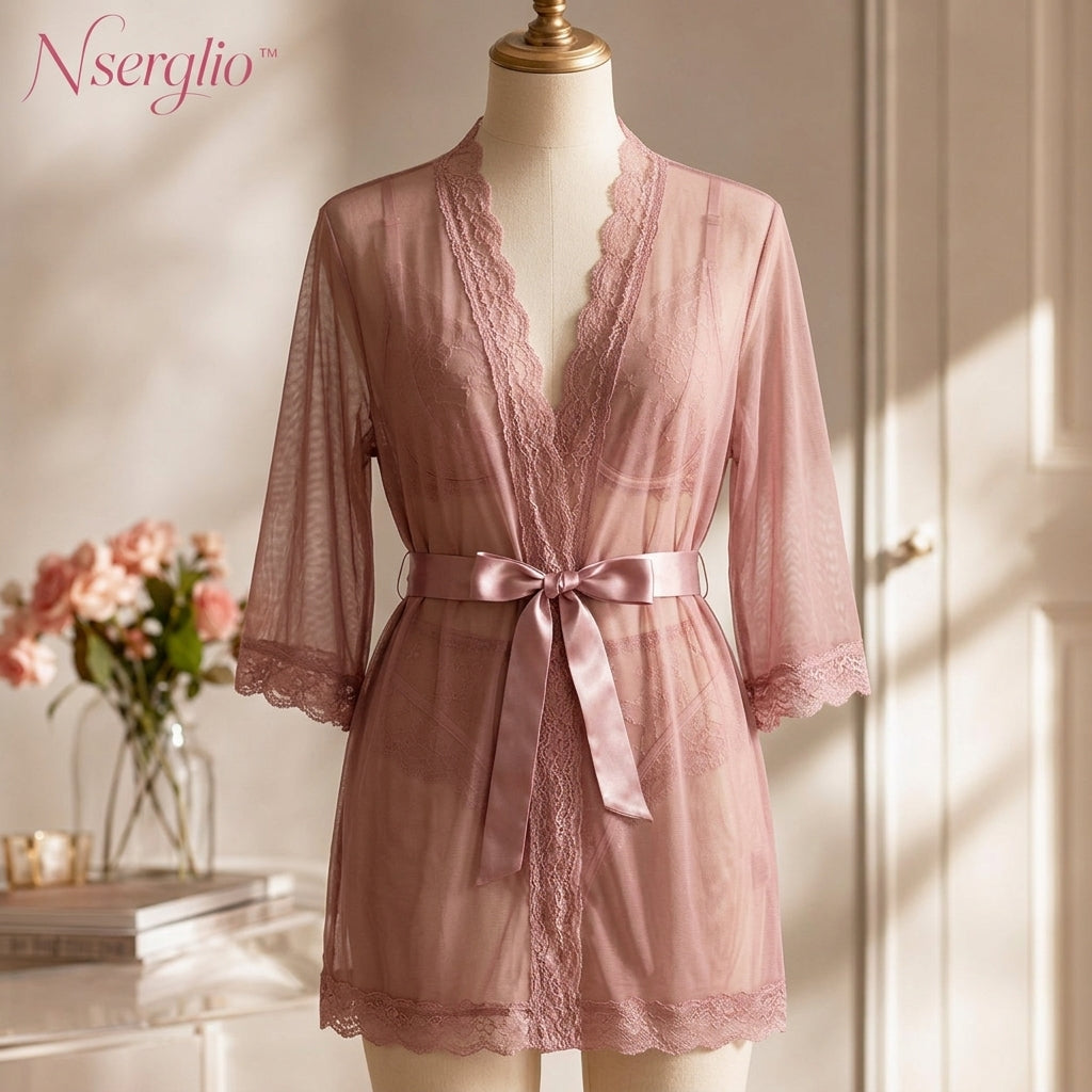 Nserqlio™ Women’s Sheer Mesh Robe with Satin Waist Tie