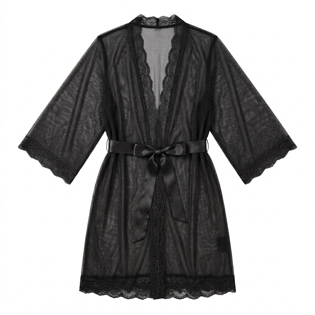 Nserqlio™ Women’s Sheer Mesh Robe with Satin Waist Tie
