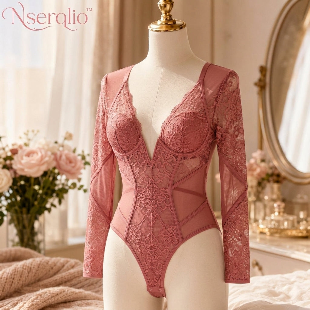 Nserqlio™ Women’s Plunge Lace Bodysuit with Sheer Mesh Panels