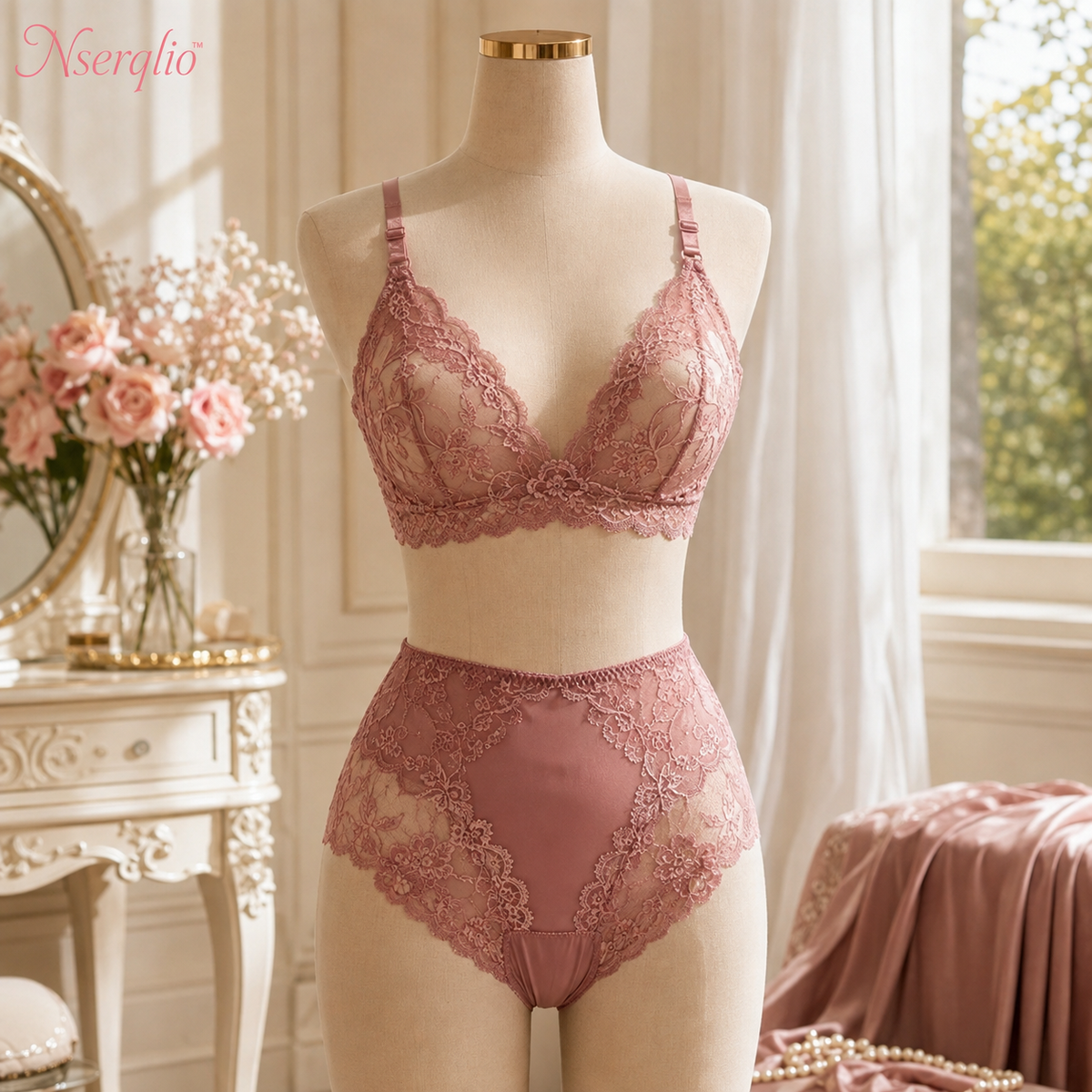 Nserqlio™ Aurelia Women’s Lace Wireless Bralette & High-Waist Brief Lingerie Set
